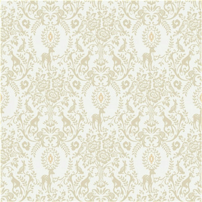 Grandeco Woodland Animals Damask Nursery Textured Wallpaper Natural Beige