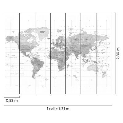 Grandeco World Map 7 panel Textured Mural, 3.71 x 2.8m, White