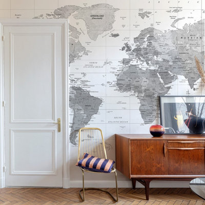 Grandeco World Map 7 panel Textured Mural, 3.71 x 2.8m, White