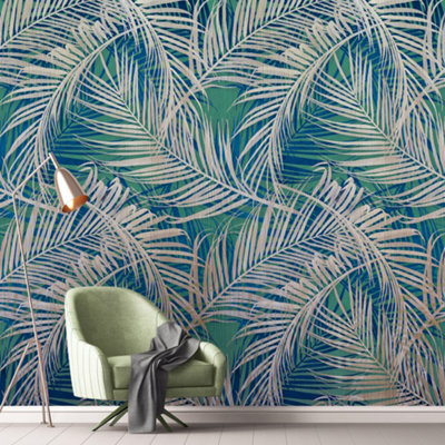 Grandeco XL Palm Leaves 3 lane repeatable Textured Mural, 2.8 x 1.59m, Teal Blue