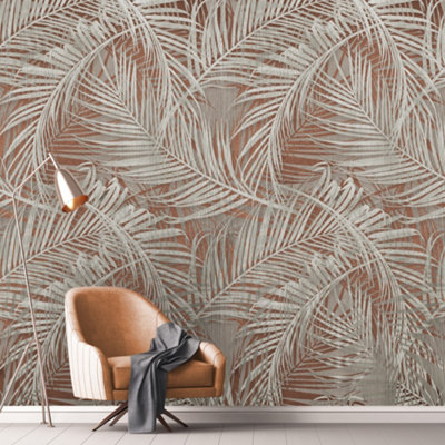 Grandeco XL Palm Leaves 3 lane repeatable Textured Mural, 2.8 x 1.59m, Terracotta
