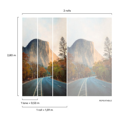 Grandeco Yosemite 3 lane repeatable Textured Mural, 2.8 x 1.59m