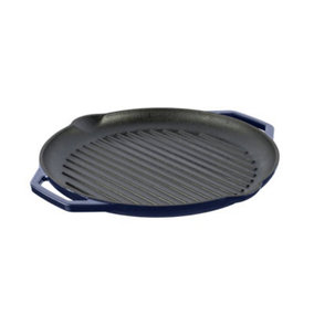 Grandfeu Blue Ribbed Cast Iron Frying Pan, 34cm - Classic Elegance for Grilling and Serving