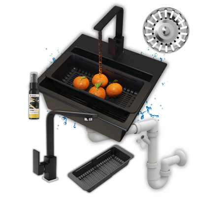 Granite Kitchen Sink Mini Single Bowl Black with Tap Drainboard and ...