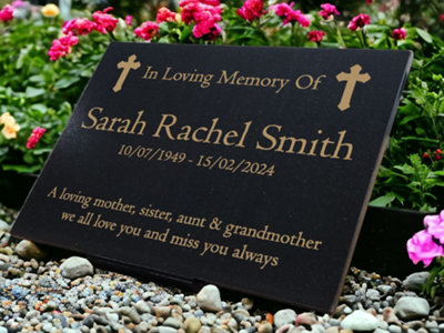 Granite Memorial Plaque, Crosses, Personalised, Stand Included