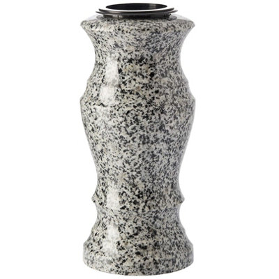 Granite Memorial Vase for Flowers - 30cm Tall, Solid Grey Stone Round Vase with Insert Grid for Cemetery, Grave or Garden Use