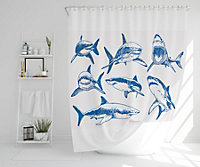 Graphical set of blue sharks isolated on white background (Shower Curtain) / Default Title