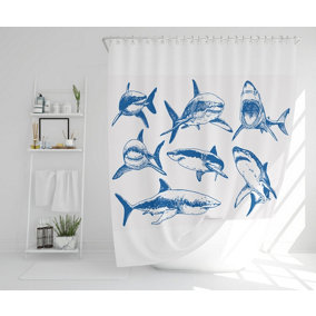 Graphical set of blue sharks isolated on white background (Shower Curtain) / Default Title