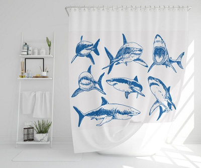 Graphical set of blue sharks isolated on white background (Shower Curtain) / Default Title