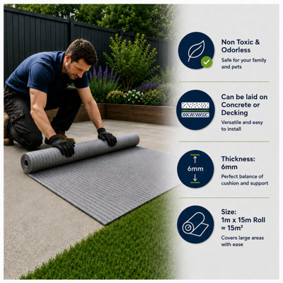 Graphite 6mm Thick Artificial Grass Shockpad Underlay 15m2 (1m x 15m) Roll