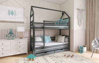 Graphite Dhalia Bunk Bed with Trundle & Storage - Sturdy Pine Design (H2170mm W1980mm D980mm)