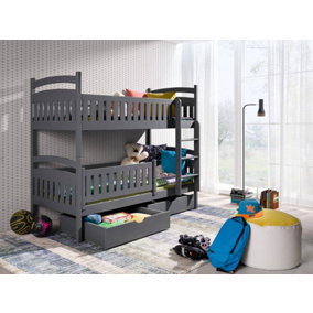 Graphite Ignas Bunk Bed with Secure Railings, Storage and Foam Bonnell Mattresses - Compact Design (H1560mm W1980mm D980mm)