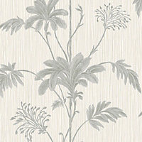 Grasscloth Textured Palm Vinyl Wallpaper Cream / Silver Belgravia 2914