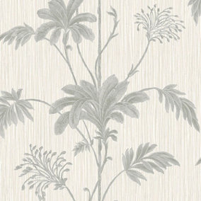 Grasscloth Textured Palm Vinyl Wallpaper Cream / Silver Belgravia 2914