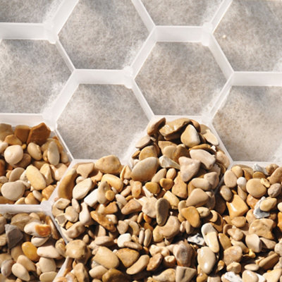 Plastic hexagonal gravel grid. Half of the grid has been filled with gravel.