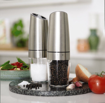 Gravity Salt & Pepper Mill Set with LED Light - Battery Operated Stainless-Steel Grinding Kitchen Tool - Each H20 x 5cm diameter