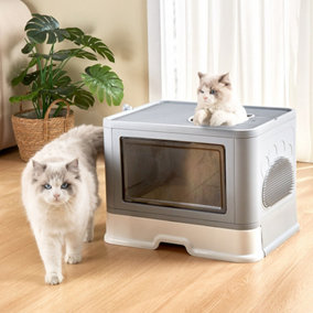 Gray Cat Litter Box with Lid Extra Large with Scoop Drawer Type Cat Litter Pan Easy to Scoop