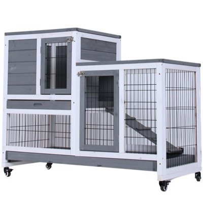 Gray Double Decker Indoor Rabbit Hutch on Wheels, Dimensions (110x50x88 cm) - Wooden 2-Tier Guinea Pig Hutch with Slide Out Trays