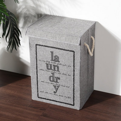 Gray Folding Linen Storage Laundry Hamper with Lid and Rope Handles