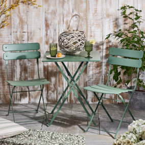 Green 3pc Metal Square 2 Seater Folding Patio Set Indoor Furniture Dining Table & Chairs Set Bistro Set
