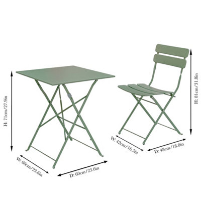 Green 3pc Metal Square 2 Seater Folding Patio Set Indoor Furniture Dining Table & Chairs Set Bistro Set