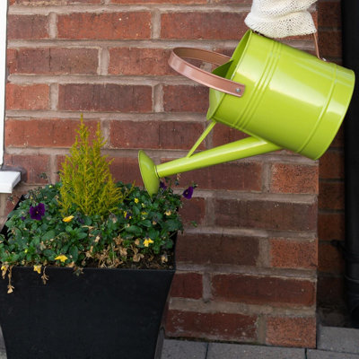 Green 4.5L Metal Watering Can with Sprinkler Nozzle & Pink Handle - Colourful Home or Garden Water Bucket - H30 x W20 x D43cm