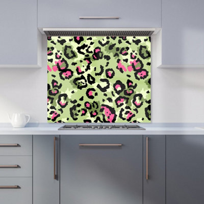 Green And Pink Leopard Print Premium Glass Kitchen Splashback W700mm x H750mm