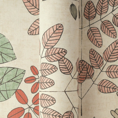 Green and Red Modern Leaf Vinyl Wallpaper 10.05m x 53cm for Living Room ...