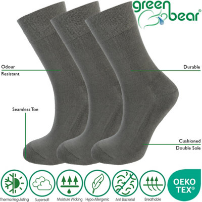 Green Bear Unisex Bamboo GREY Colour Socks-size 3-5 Cushioned Sole - Soft & Antibacterial - 3 Pack