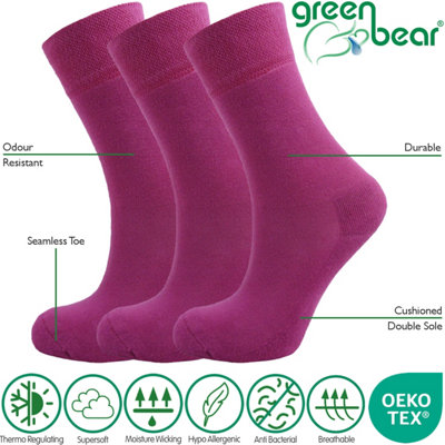 Green Bear Unisex Bamboo PINK Colour Socks-size 6-8 Cushioned Sole - Soft & Antibacterial - 3 Pack