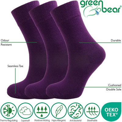 Green Bear Unisex Bamboo PURPLE Colour Socks-size 3-5 Cushioned Sole - Soft & Antibacterial - 3 Pack