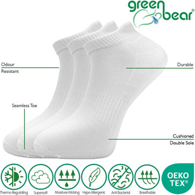 Green Bear Unisex Bamboo WHITE Trainer Sports Socks: Size 9-11 - Cushioned Sole - Soft Antibacterial - 3 Pack