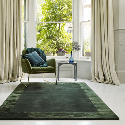 Green Bordered Wool Handmade Luxurious Modern Plain Easy to Clean Rug For Dining Room Bedroom And Living Room-120cm X 170cm