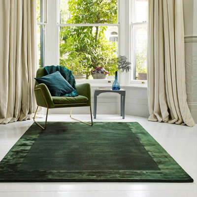 Green Bordered Wool Handmade Luxurious Modern Plain Easy to Clean Rug For Dining Room Bedroom And Living Room-200cm X 290cm
