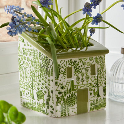 Green Ceramic Flower Pot Planter Rustic House Planter Indoor Succulent Cacti Herb Pot (H)13cm, (W)10.5cm