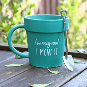 Green Ceramic Pot Mug and Shovel Spoon with Fun Text. Gift Idea. Height 10 cm