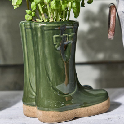 Green Children Wellington Boot Ceramic Indoor Outdoor Summer Flower Pot Garden Planter Pot