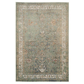 Green Cream Bordered Traditional Distressed Rug 120x170cm