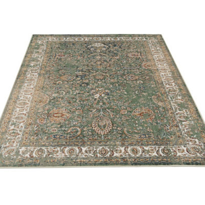 Green Cream Bordered Traditional Distressed Rug 120x170cm