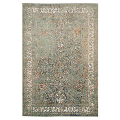 Green Cream Bordered Traditional Distressed Rug 160x230cm