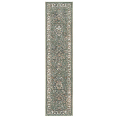 Green Cream Bordered Traditional Distressed Runner Rug 60x240cm