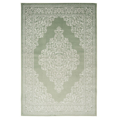 Green Cream Ornate Central Medallion Distressed Rug 190x280cm