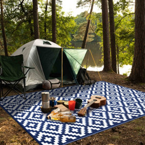 Green Decore 270 x 360 cm Navy Blue / White Reversible Plastic Camping, Picnic and Garden Outdoor Rug