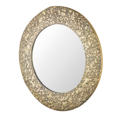 Green Decore Abyss Textured Wall Mirror For Bathroom, Entryway, Vanity, Living Room & Bedroom, Metal Frame, Brass, 63cm Round