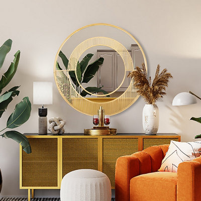 Green Decore Elanor Modern Decorative Wall Mirror For Living room, Hallway, Vanity & Bedroom, Metal Frame, Gold, 76cm Round