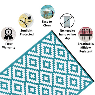 Green Decore Lightweight Reversible Stain Proof Plastic Outdoor Rug  Nirvana, Teal Blue / White, 120cmx180cm (4ftx6ft)