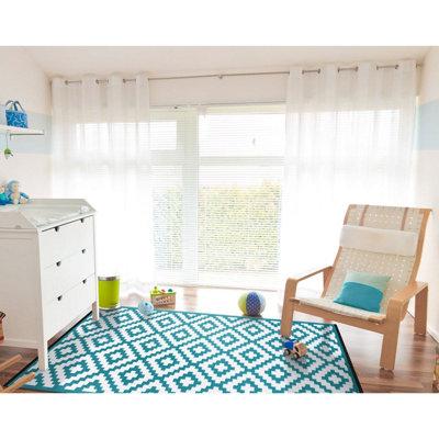 Green Decore Lightweight Reversible Stain Proof Plastic Outdoor Rug  Nirvana, Teal Blue / White, 120cmx180cm (4ftx6ft)