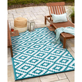Green Decore Lightweight Reversible Stain Proof Plastic Outdoor Rug  Nirvana, Teal Blue / White, 90cmx150cm (3ftx5ft)