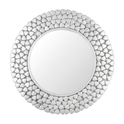 Green Decore Topaz Nickel Cut Decorative Wall Mirror For Dressing Room, Dining & Living Room, Metal Frame, Silver, 79cm Round