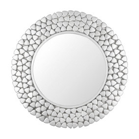 Green Decore Topaz Nickel Cut Decorative Wall Mirror For Dressing Room, Dining & Living Room, Metal Frame, Silver, 79cm Round